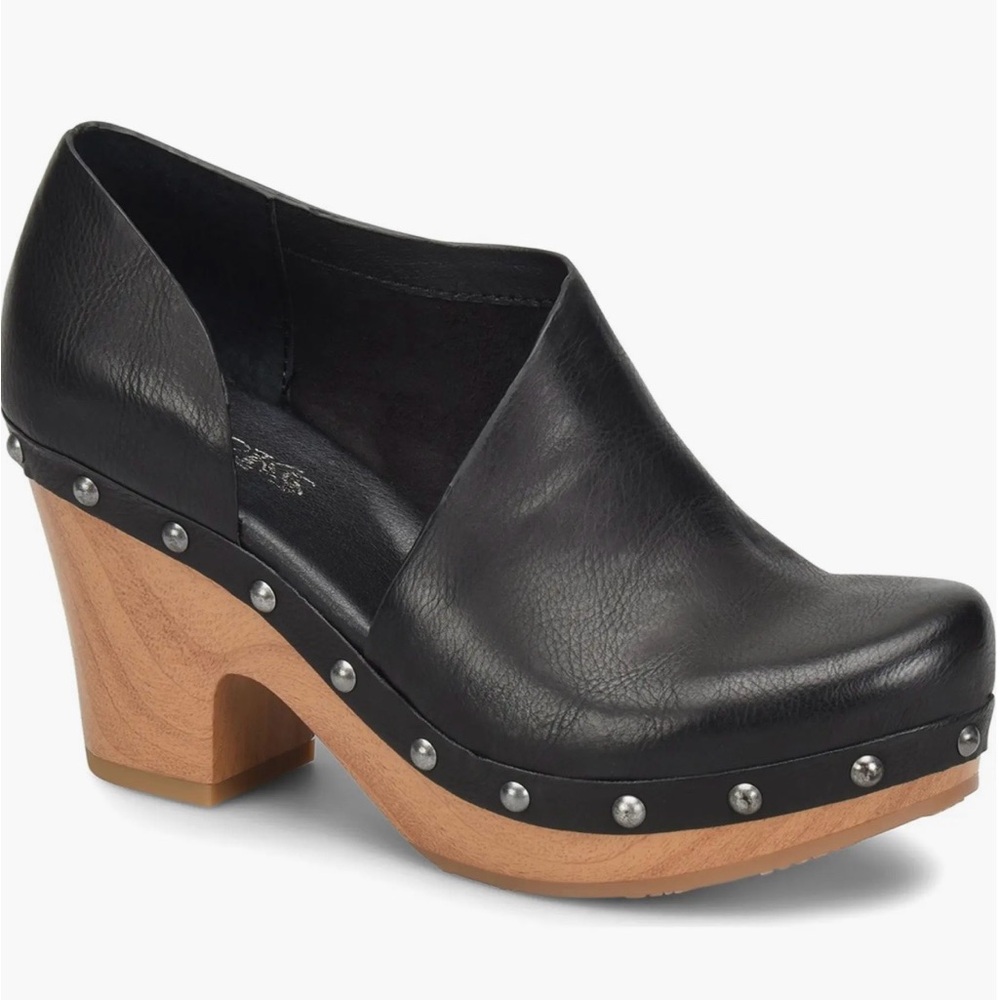 Kork-Ease Black Leather Mules with Wooden Heel